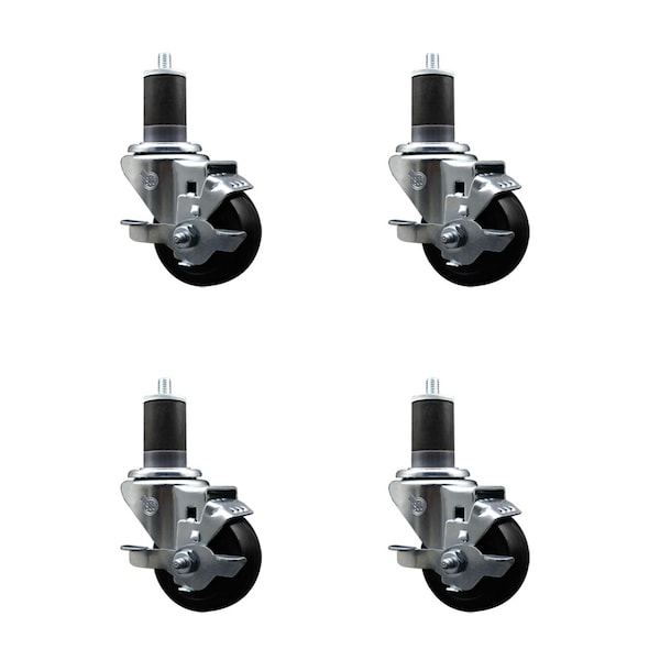 3'' SS Hard Rubber Swivel 1-5/8'' Expanding Stem Caster Set with Brake, 4PK